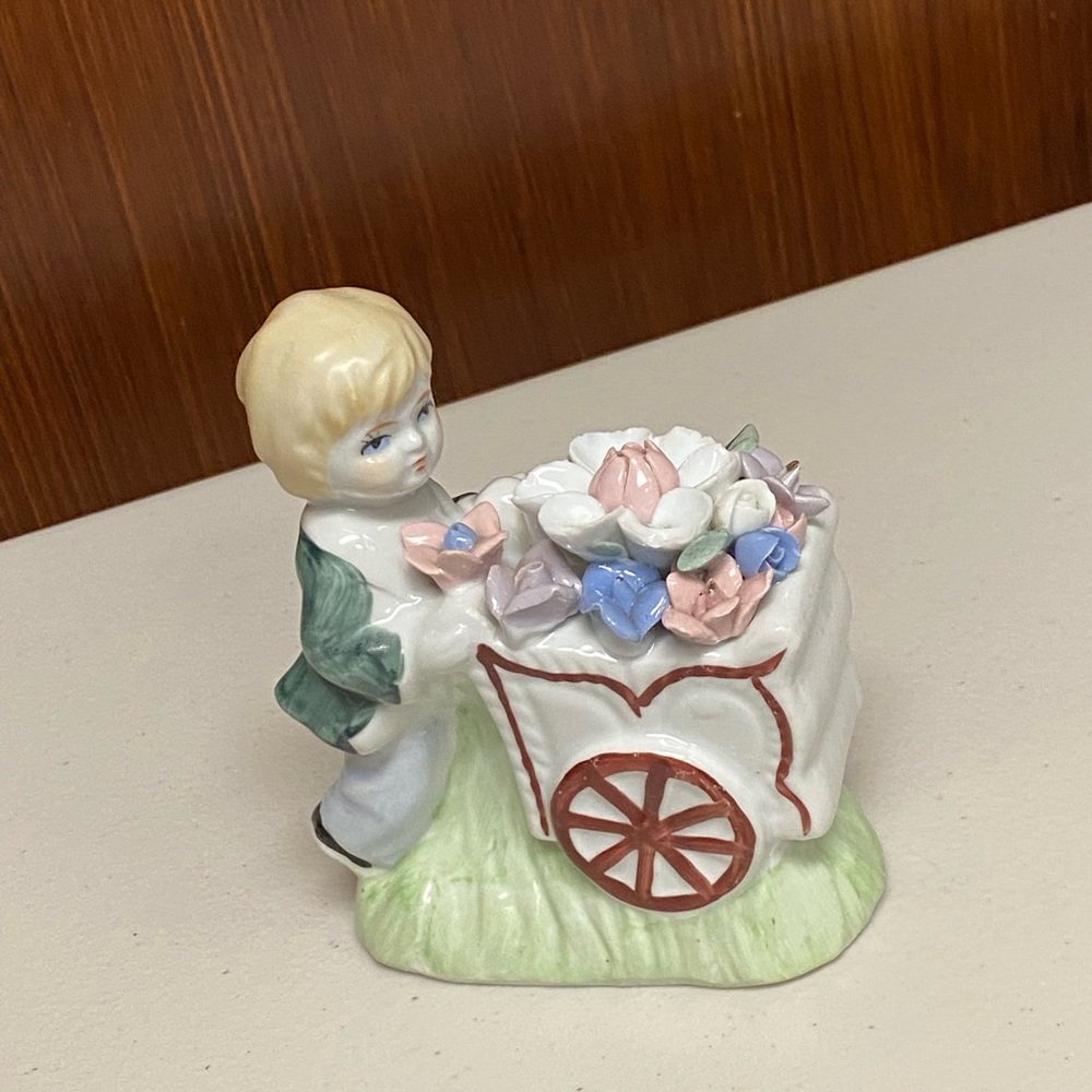 Vintage Bisque Porcelain Boy With Flowers Wheel Barrow Figurine